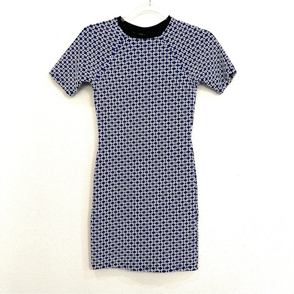 Topshop Blue & White Geometric Print Knit Bodycon Short Sleeve Mini Dress Size 4